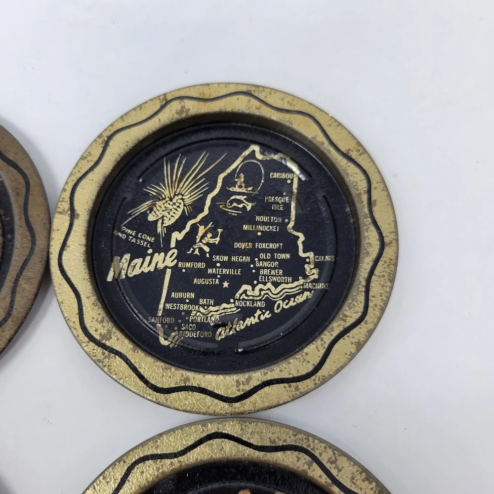 Vintage Maine State Map Metal Coasters Set of‎ 4 Black Gold Souvenir Tin Ashtray